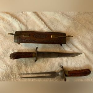 Vintage East India Handcarved Wood Knife/Fork - 3 Pieces - Displays beautifully